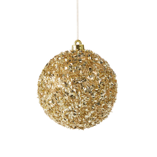 Gold decorative ball ornament on a white background