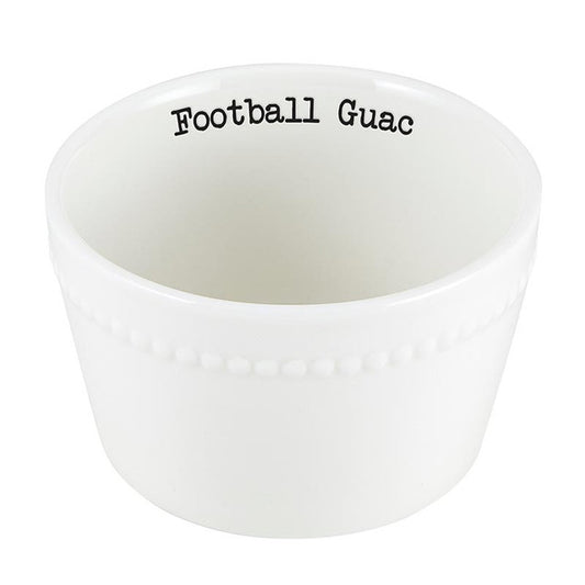 White bowl with 'Football Guac' text on a white background