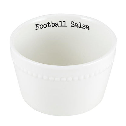 White bowl with 'Football Salsa' text on a white background