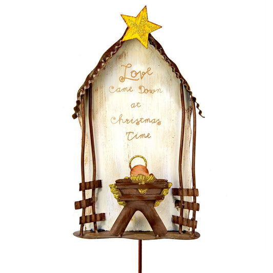 Decorative nativity scene with 'Love Came Down at Christmas Time' text on a white background