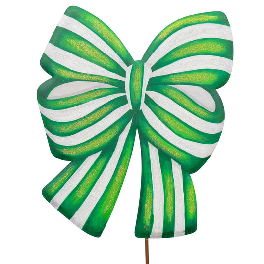 Green and white striped bow stake on a white background