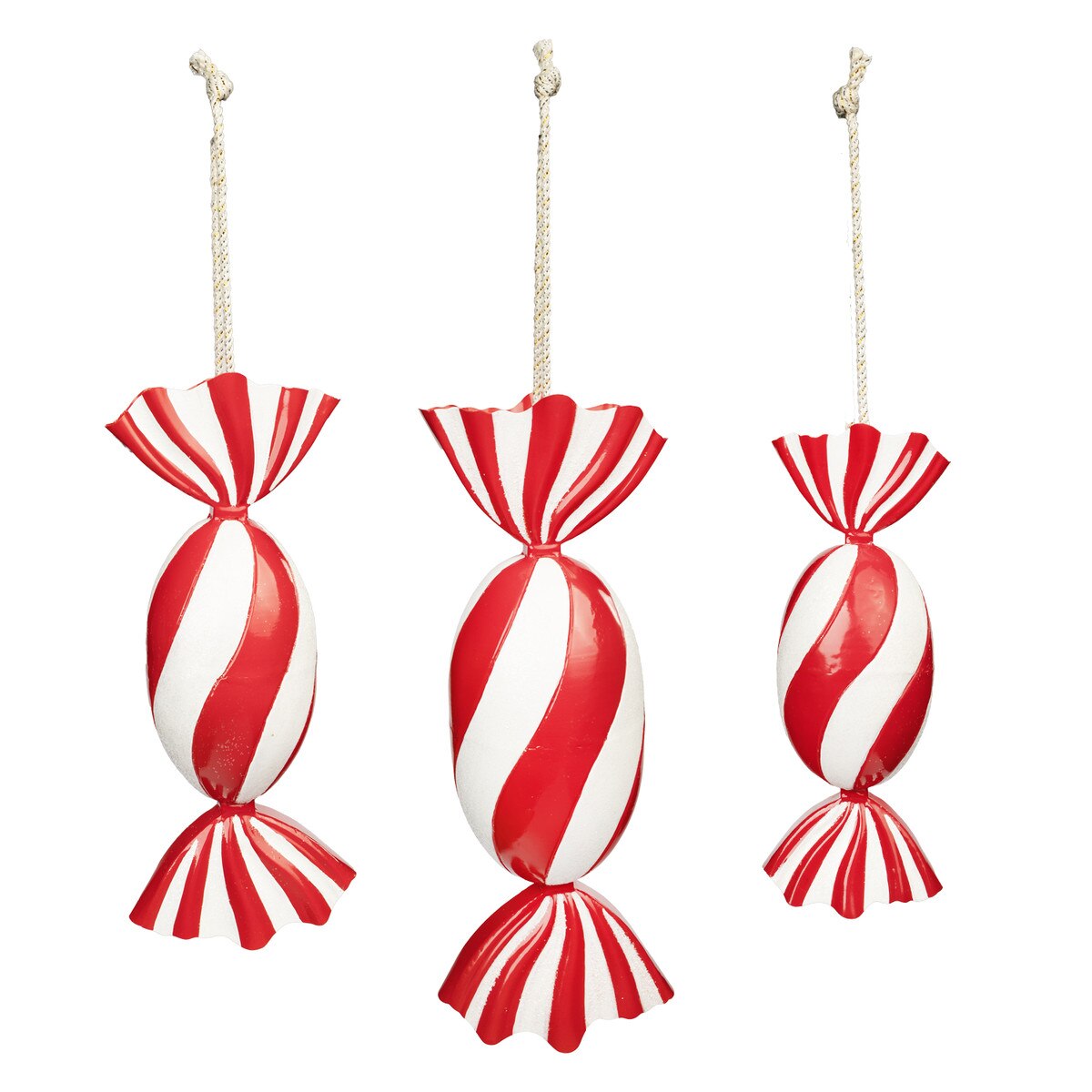 Three red and white striped candy ornaments hanging against a white background