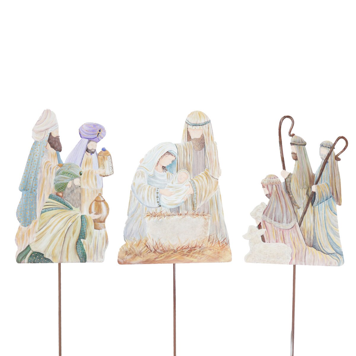 Set of nativity scene figures on sticks with Mary, Joseph, baby Jesus, and three wise men.