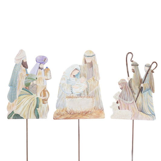 Set of nativity scene figures on sticks with Mary, Joseph, baby Jesus, and three wise men.