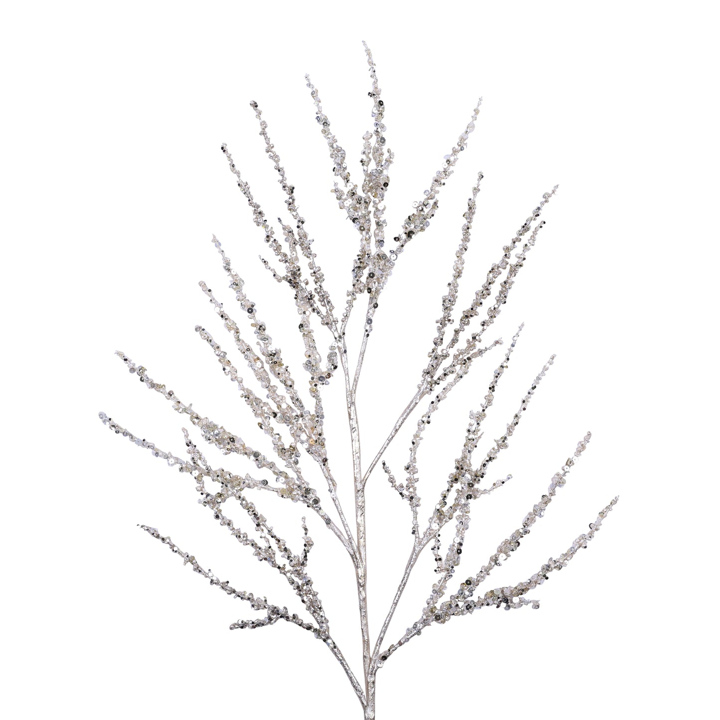 Decorative branch with silver glitter on a white background