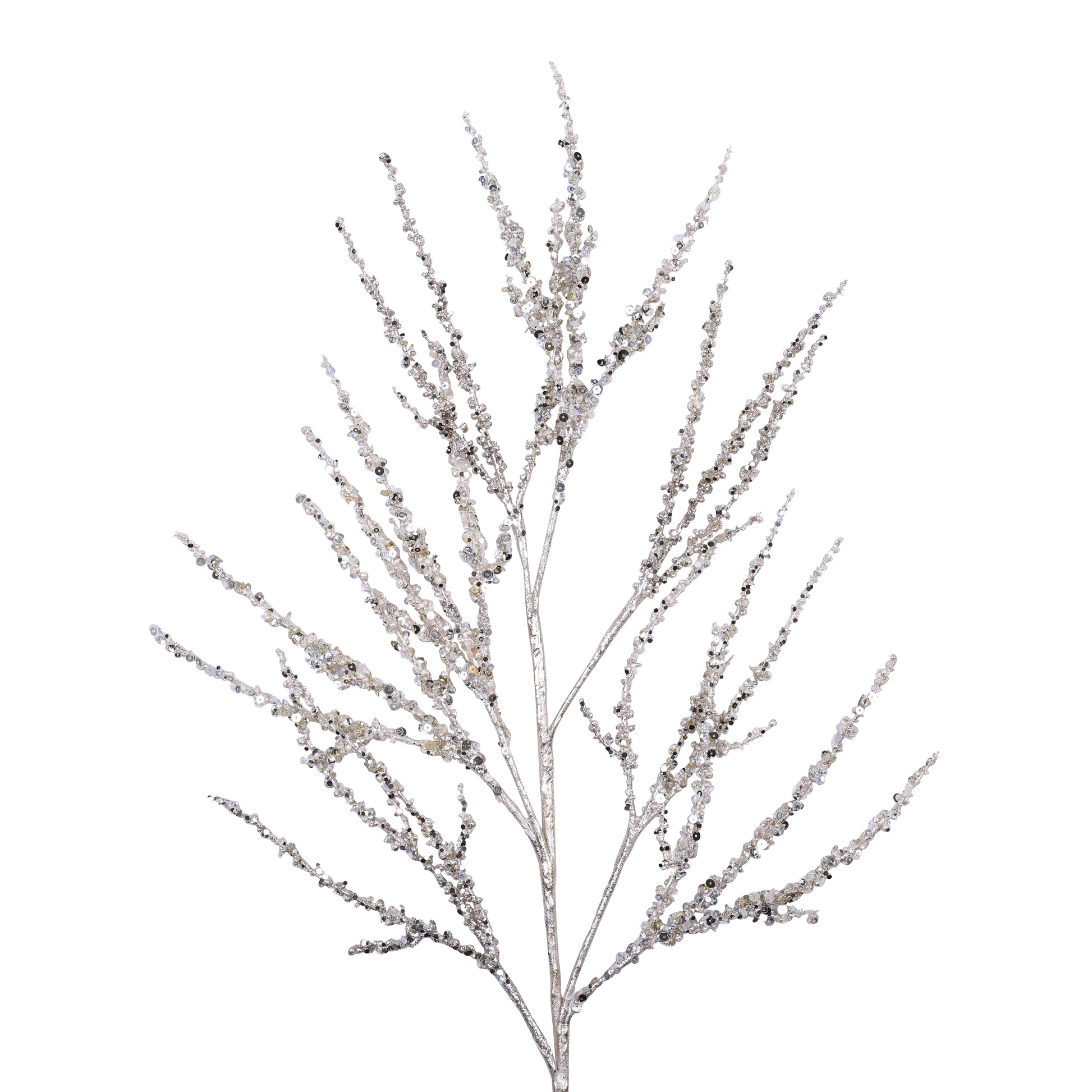 Decorative branch with silver glitter on a white background