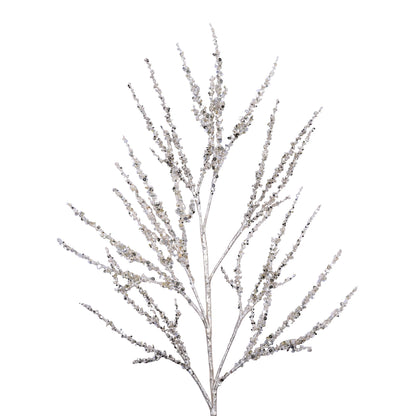 Decorative branch with silver glitter on a white background