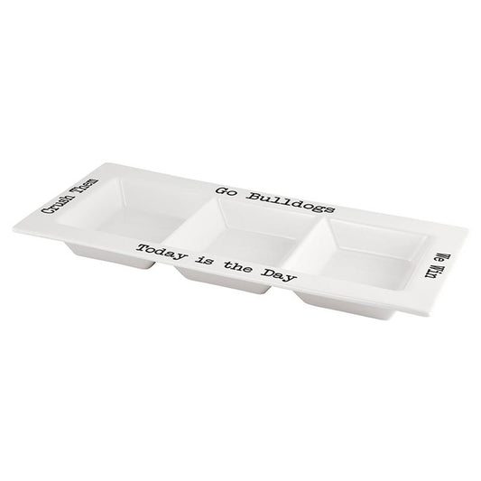 White divided serving tray with text on a white background