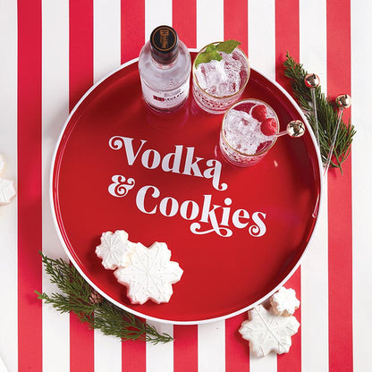 Red tray with 'Vodka & Cookies' text, vodka bottle, glasses, and cookies on a red and white striped background.