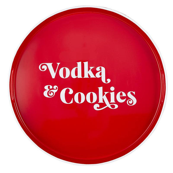 Red tray with 'Vodka & Cookies' text on a white background