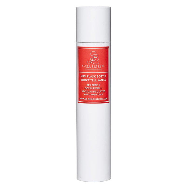White slim flask bottle with a red label on a white background