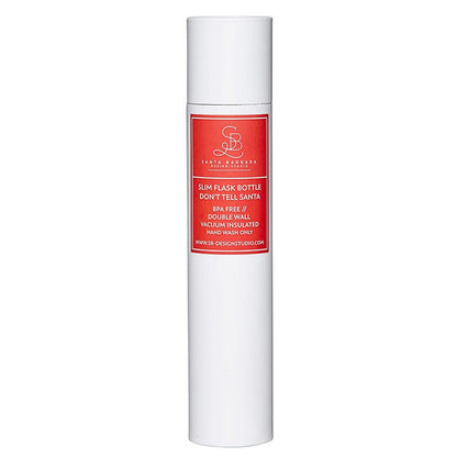 White slim flask bottle with a red label on a white background