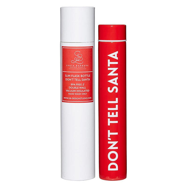 Red and white slim flask bottle with 'Don't Tell Santa' text on a white background