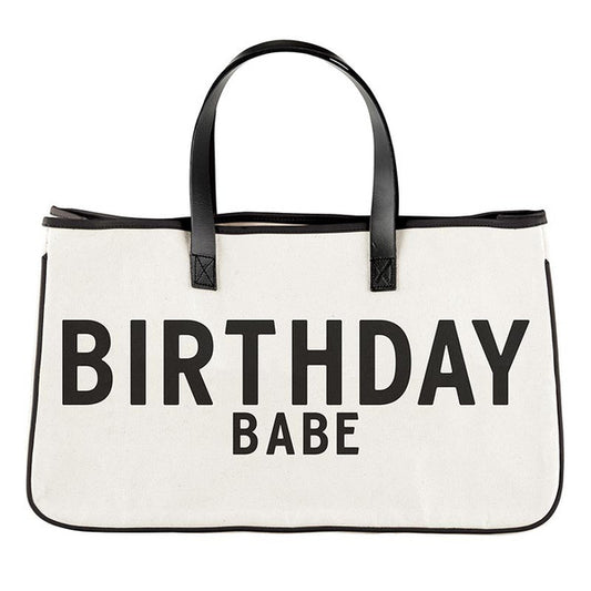 White tote bag with 'Birthday Babe' text on a white background