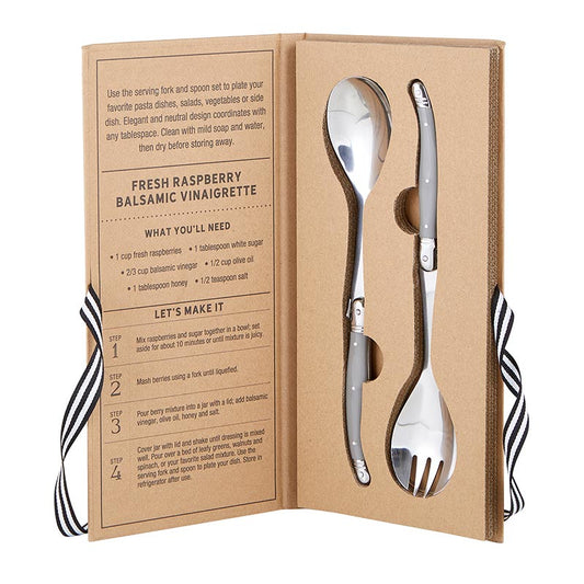 Serving fork and spoon set in a cardboard packaging with recipe instructions.
