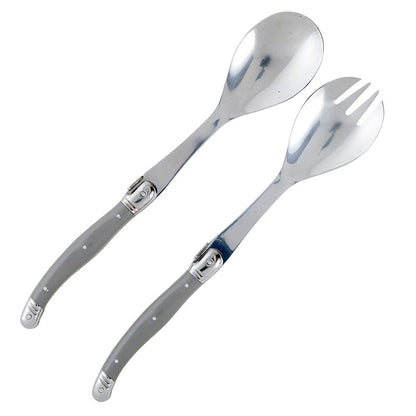 Serving spoon and fork set with gray handles on a white background