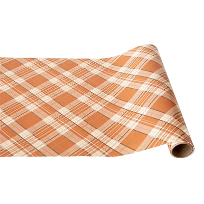 Roll of plaid printed paper with orange and beige pattern on a white background