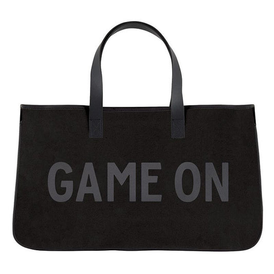 Black tote bag with 'GAME ON' text on a white background