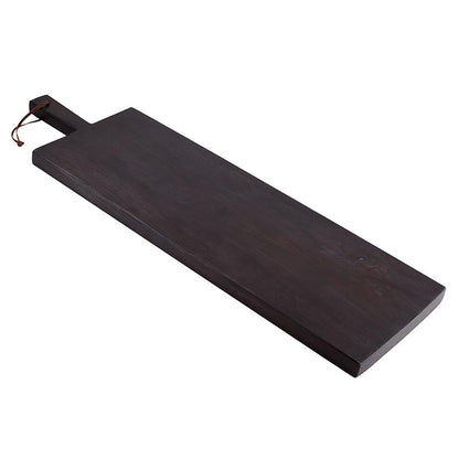 Dark wooden serving board with handle on a white background
