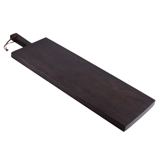Dark wooden serving board with handle on a white background