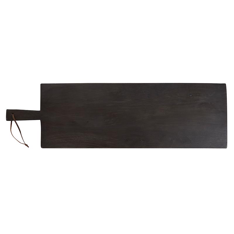 Dark wooden serving board with a handle on a white background