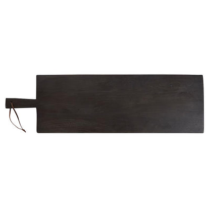 Dark wooden serving board with a handle on a white background