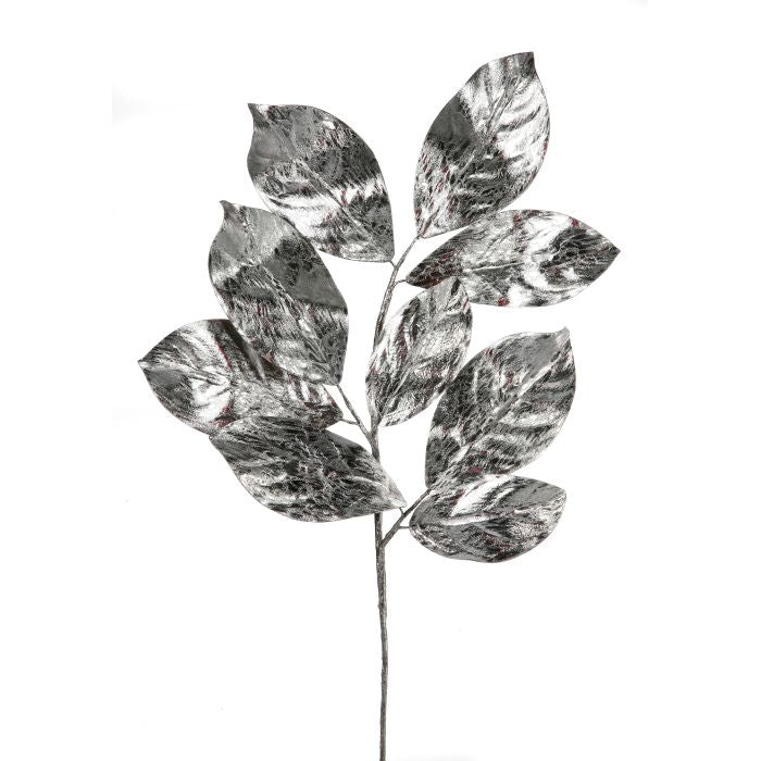 Decorative leaf branch with silver metallic finish on a white background