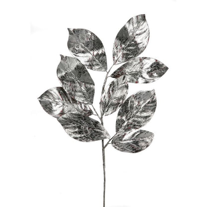 Decorative leaf branch with silver metallic finish on a white background