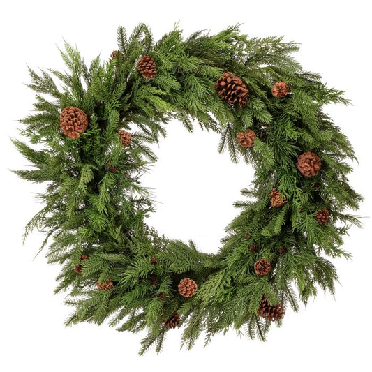 Green Christmas wreath with pine cones on a white background