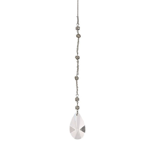 Glass drop ornament with a teardrop-shaped crystal pendant on a white background