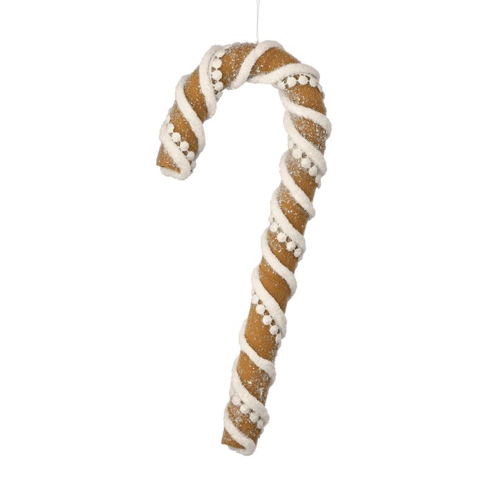 Decorative candy cane with brown and white pattern on a white background