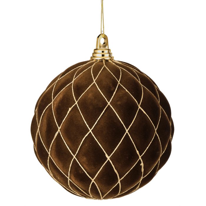 Brown decorative ball with gold lattice pattern and gold hook on a white background
