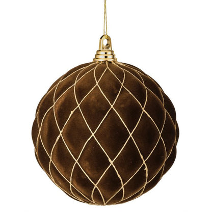 Brown decorative ball with gold lattice pattern and gold hook on a white background