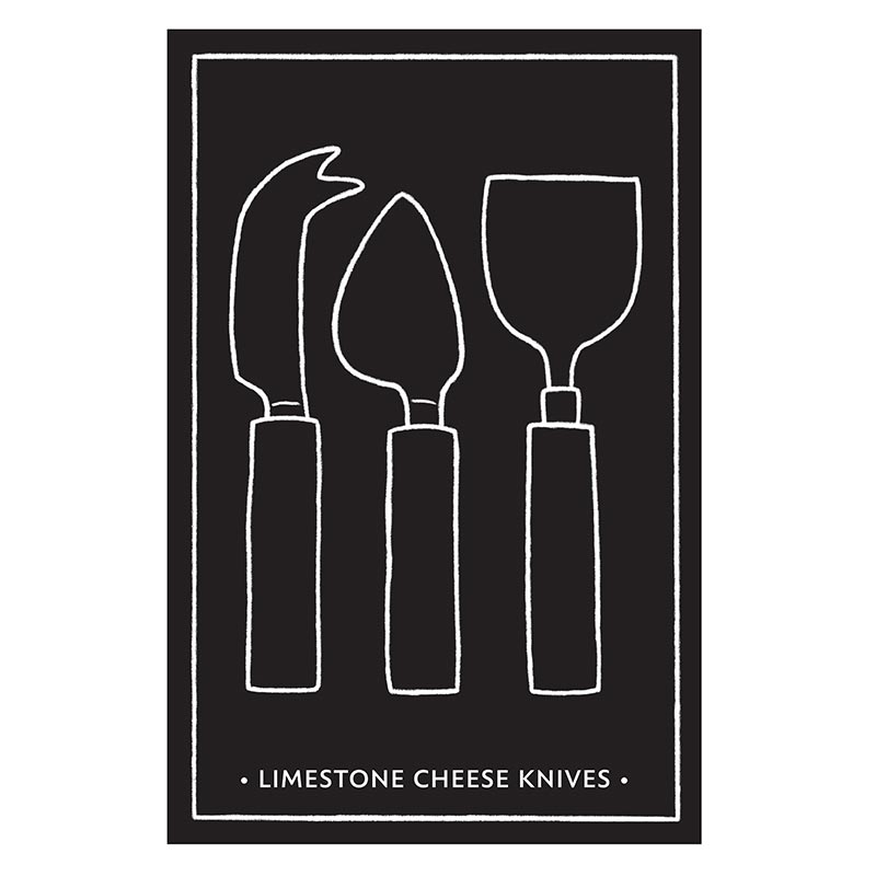Illustration of three cheese knives with handles on a black background, labeled 'Limestone Cheese Knives'.