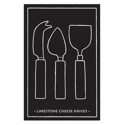 Illustration of three cheese knives with handles on a black background, labeled 'Limestone Cheese Knives'.