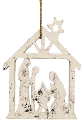 Wooden Silver Foiled Nativity Ornament