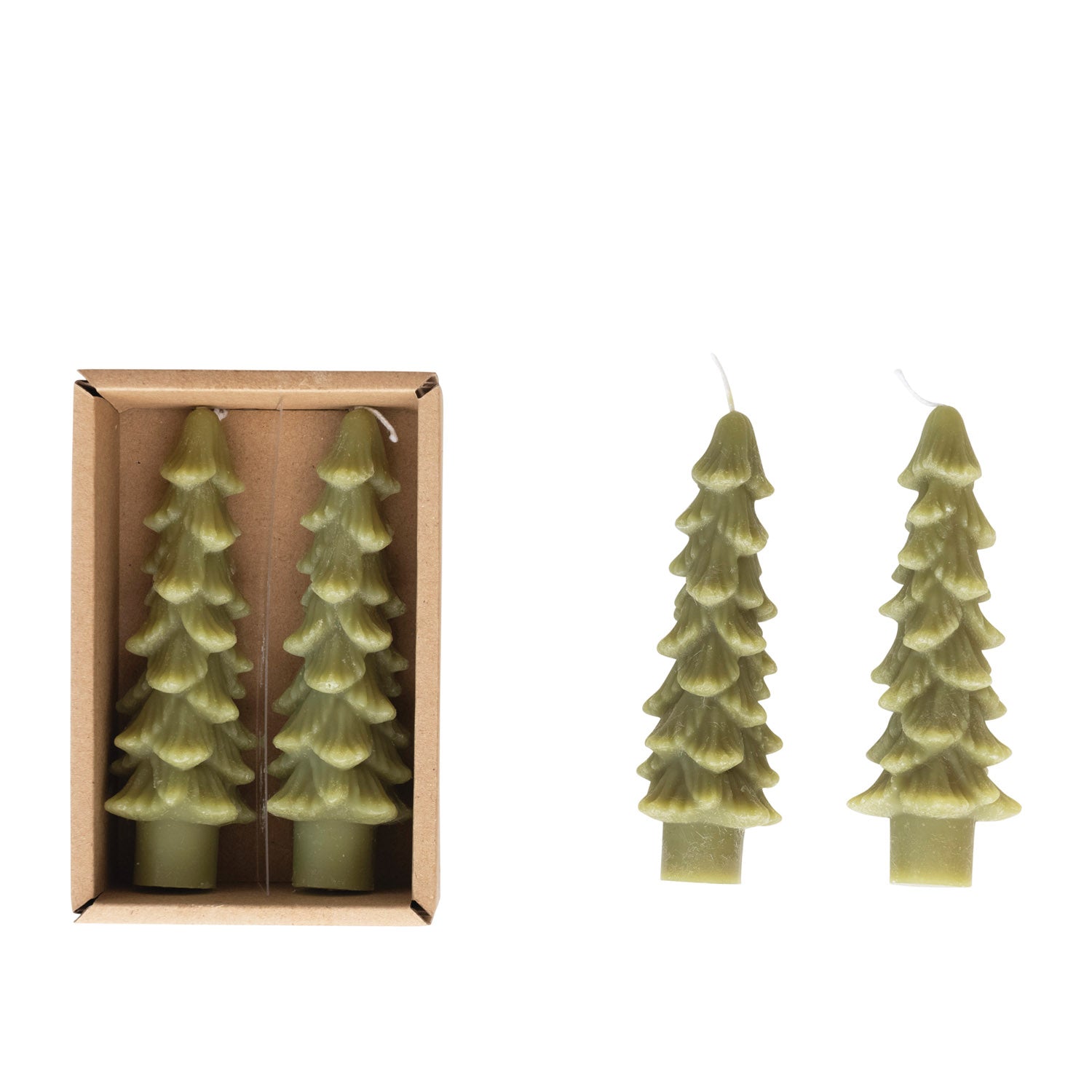 Two tree-shaped candles with one in a cardboard box on a white background
