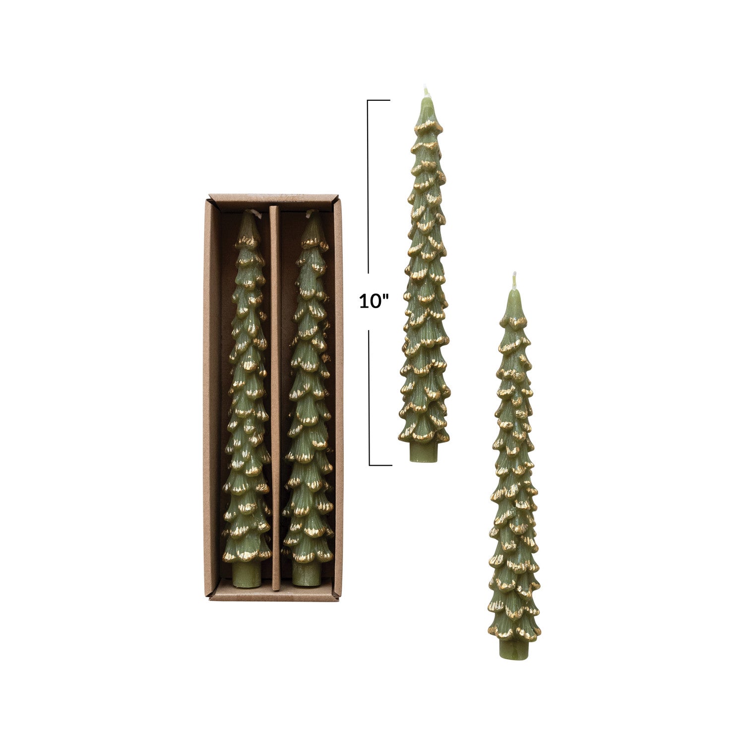Set of green tree-shaped candles with a box and measurement label on a white background