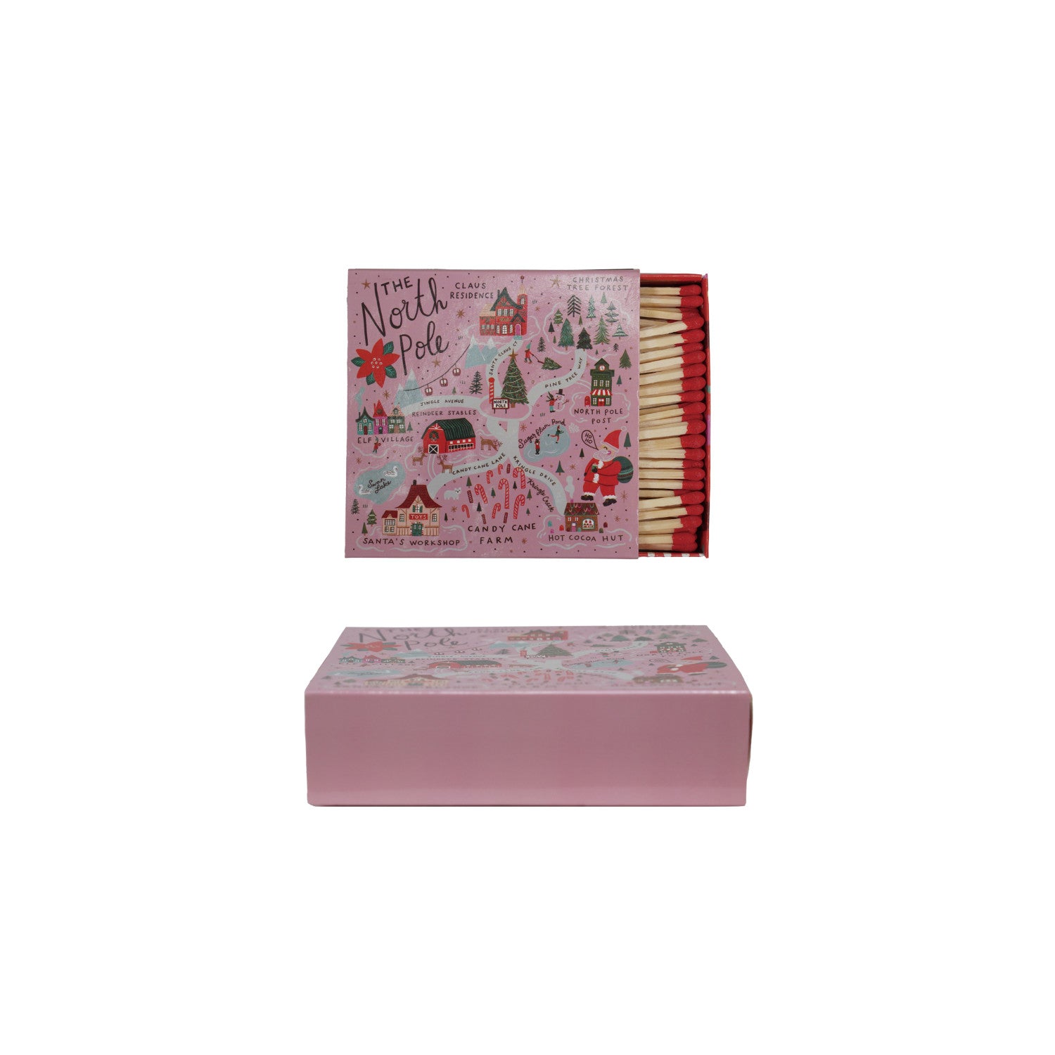 Pink matchbox with illustrated design on a white background