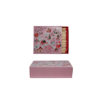 Pink matchbox with illustrated design on a white background