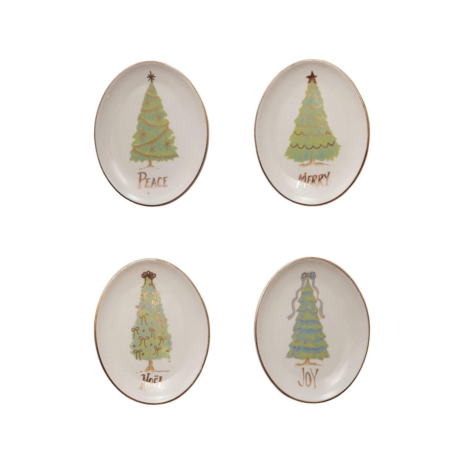 Four oval ceramic plates with Christmas tree designs and text on a white background