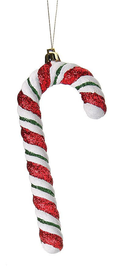 Red and white glitter candy cane ornament. Plastic glitter ornament. 7 inches long.