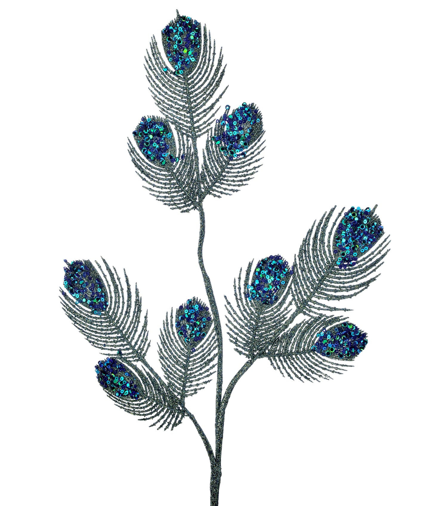 23" Sequin/Glitter Peacock Feather Spray