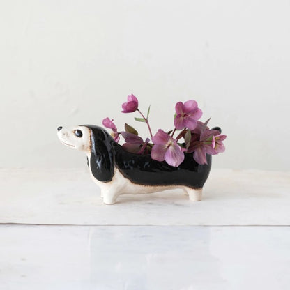 Hand-Painted Stoneware Dog Planter