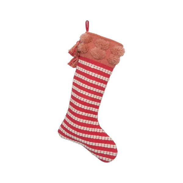 Woven Cotton and Wool Stocking with Tassels and Pom Poms